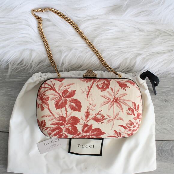 Gucci Linen Herbarium Cherry Blossom Print Broadway Box Chain Clutch Bag - Picture 6 of 15